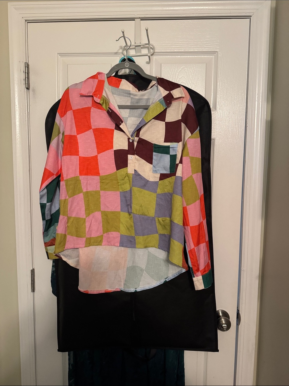 Colorblock Checkerboard Button-Down Shirt - Multicolor